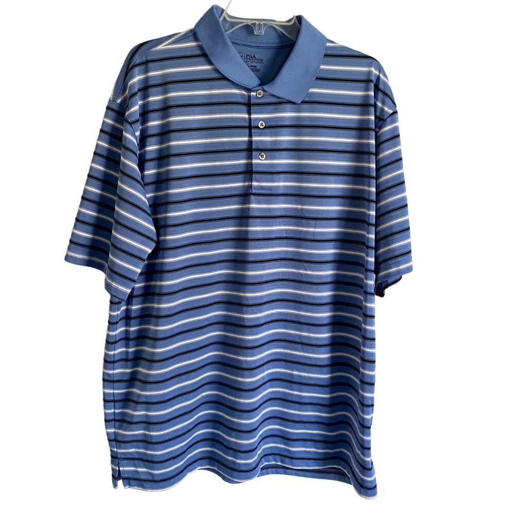 PGA Tour Striped Blue Polyester Golf Polo Shirt XXL